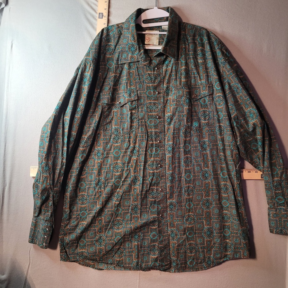 Roper Mens 2XL Western Snap Shirt Turquoise Brown Geometric 301-225-691BR